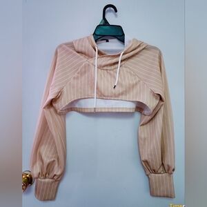 Beige Striped Cropped Hoodie